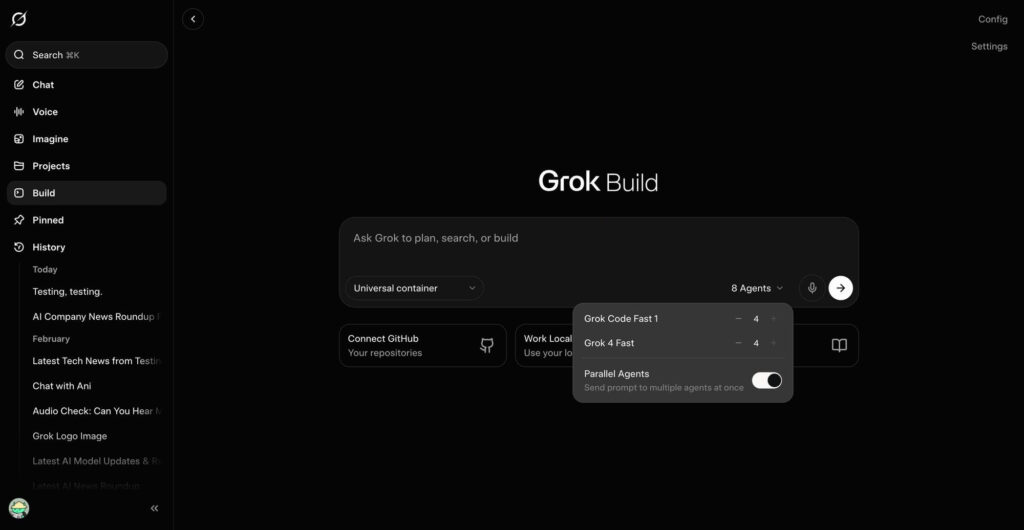 xAI testa modo Arena e agentes paralelos no Grok Build 3 Interface do Grok Build mostrando múltiplos agentes em paralelo