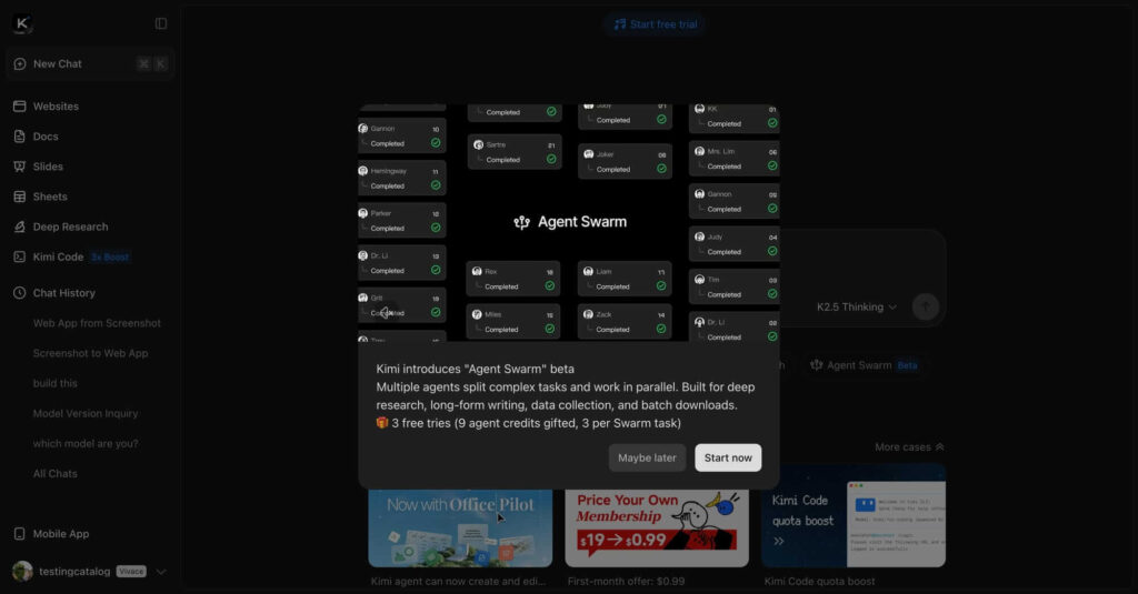 Kimi lança Agent Swarm, IA colaborativa para pesquisa paralela 1 Imagem de demonstração do Kimi Agent Swarm IA operando em ambiente multiagente com 100 subagentes em execução paralela