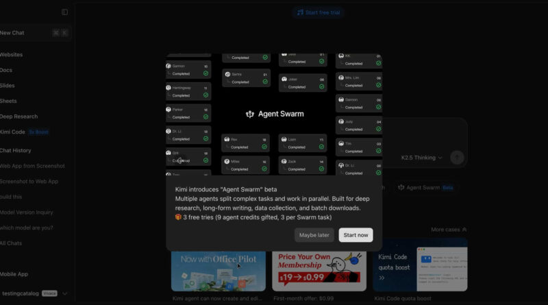 Imagem de demonstração do Kimi Agent Swarm IA operando em ambiente multiagente com 100 subagentes em execução paralela