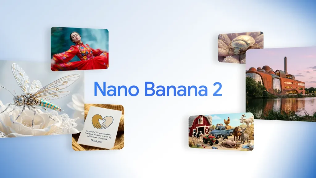 Logo do Google ao centro em fundo amarelo com bananas, ilustração representando o Nano Banana 2