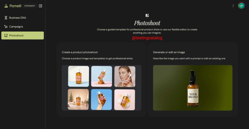 Interface do Pomelli by Google Labs mostrando a nova função Photoshoot para geração de imagens com IA