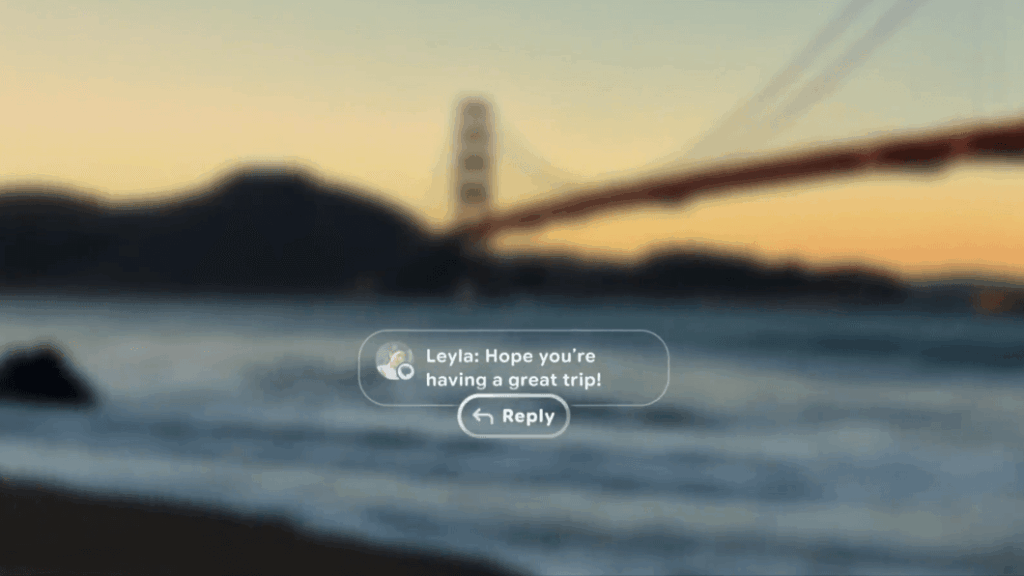 Google mostra design dos óculos inteligentes com Android XR 3 Interface translúcida dos óculos Android XR exibindo notificação flutuante e botão de resposta