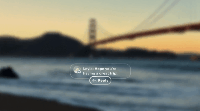 Interface translúcida dos óculos Android XR exibindo notificação flutuante e botão de resposta