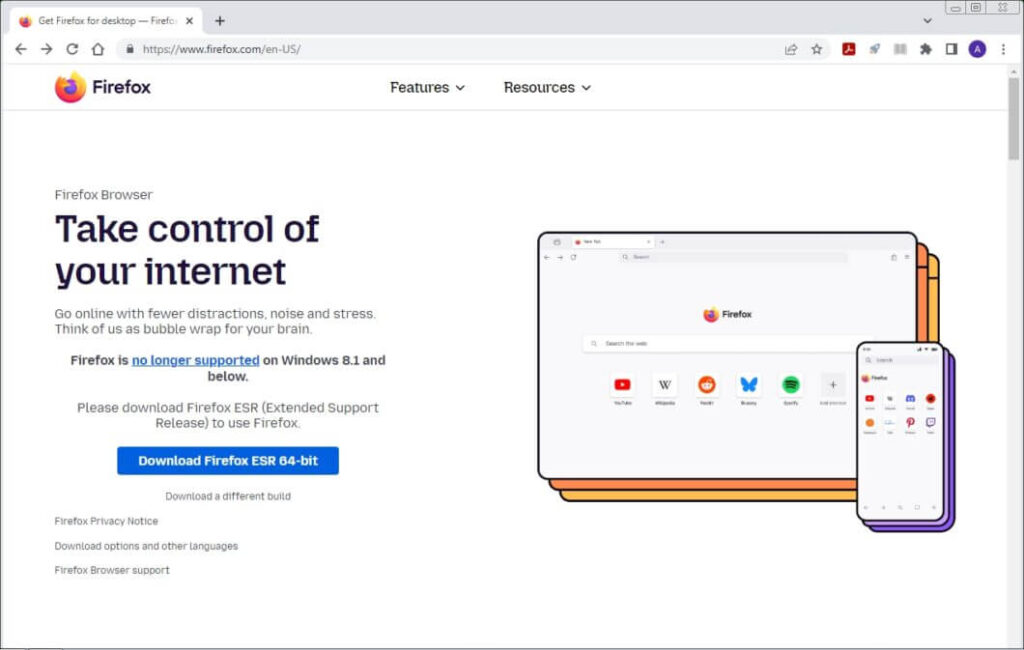 Aviso de fim de suporte exibido na página de download do Firefox.