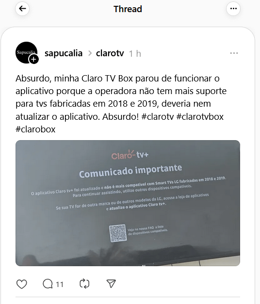 Postagem de usuário reclamando do aviso de incompatibilidade do aplicativo Claro TV+ em TV LG