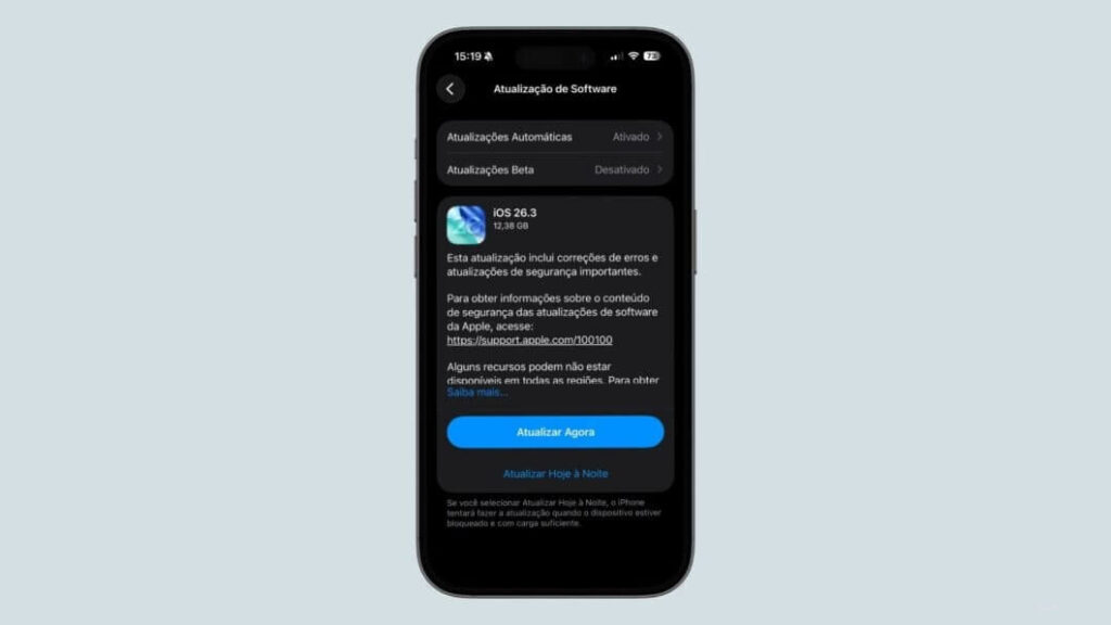 Tela de instalação do iOS 26.3 em iPhone