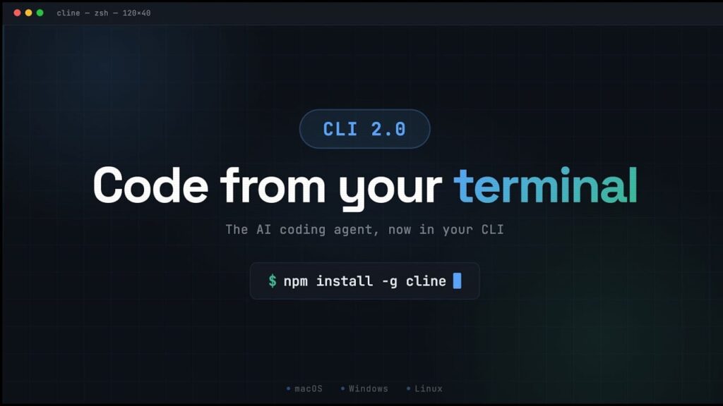 Cline CLI 2.0 chega com K2.5 e M2.5 e modo autônomo gratuito 1 Interface do Cline CLI 2.0 exibindo o terminal com modo interativo e autônomo