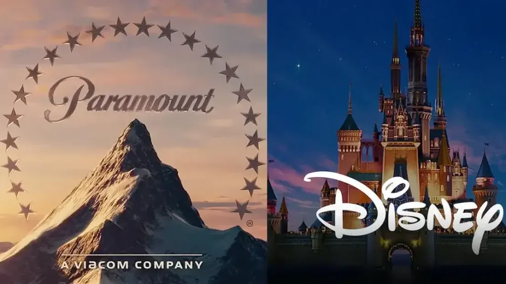 Montagem com os logotipos da Paramount e Disney simbolizando disputa por direitos autorais