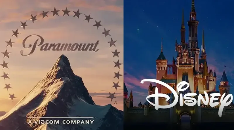 Montagem com os logotipos da Paramount e Disney simbolizando disputa por direitos autorais