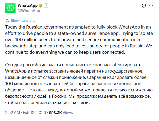 Rússia tenta bloquear WhatsApp: Captura do tweet do WhatsApp sobre o bloqueio na Rússia