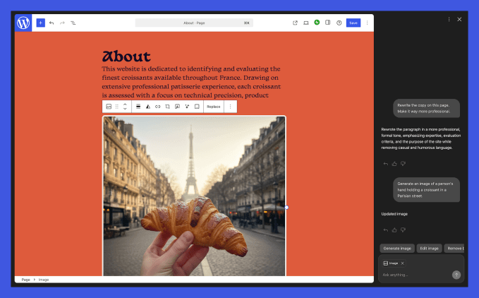 WordPress.com lança assistente de IA que edita e cria imagens 6 Edição de página do WordPress com comandos para IA