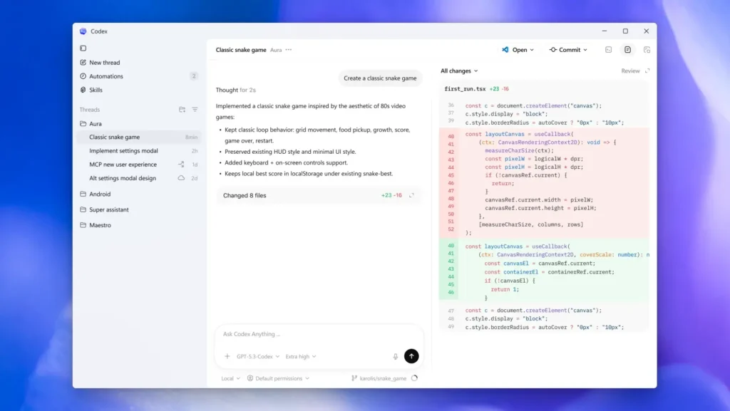 Captura de tela do OpenAI Codex para Windows com interface de sandbox e integração PowerShell