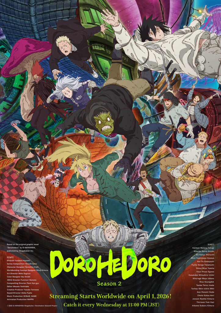 Visual chave de Dorohedoro temporada 2 com En e os feiticeiros
