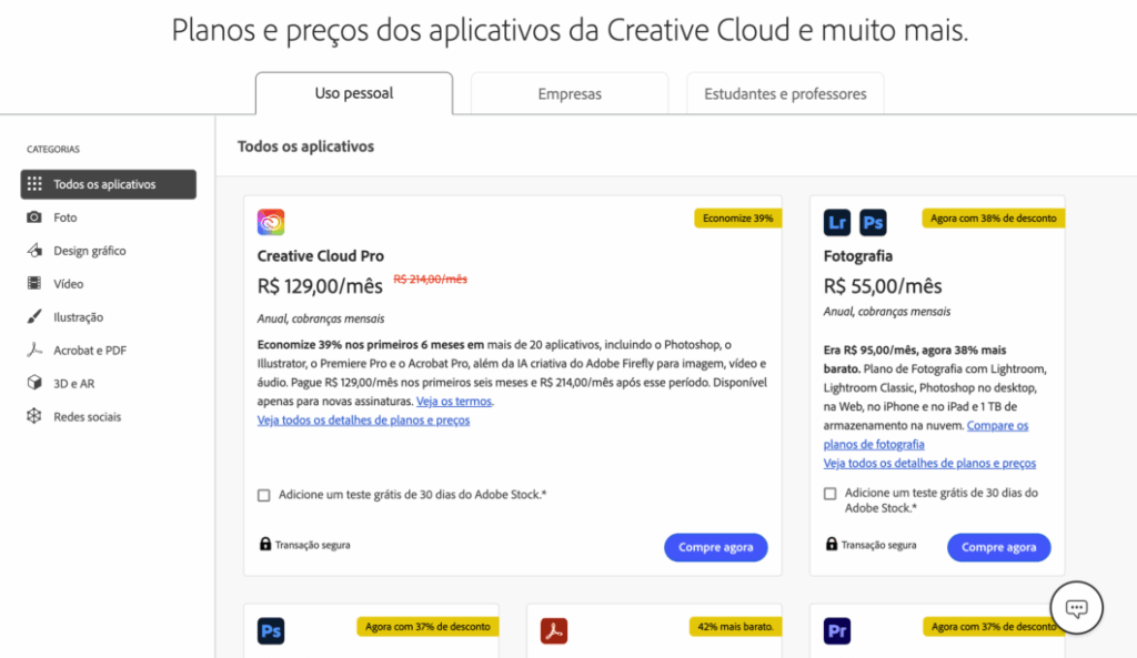 Página de assinatura da Adobe nos EUA