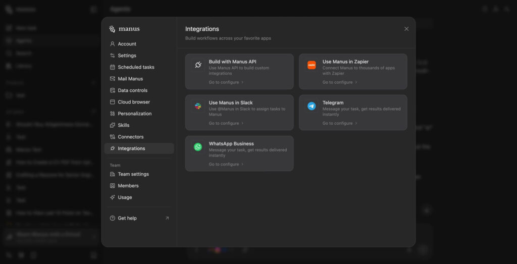 Manus AI prepara integração com WhatsApp Business para seu agente 2 Interface do Manus AI Agent mostrando integração com aplicativo de mensagens