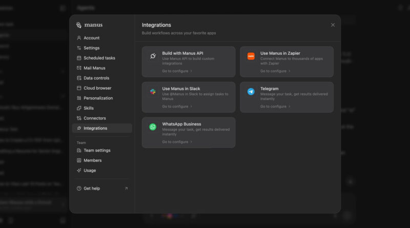 Interface do Manus AI Agent mostrando integração com aplicativo de mensagens
