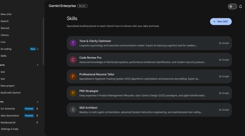 Interface do Gemini for Business mostrando integração com NotebookLM e Skills