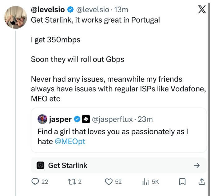 X testa novo formato de anúncio que conecta postagens a produtos 4 Captura de tela mostrando anúncio da Starlink em postagem na X