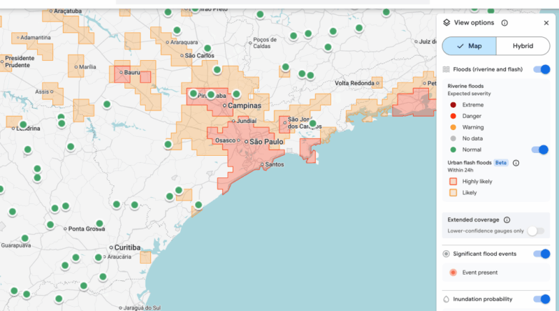 Mapa de risco de enchentes com o Google Flood Hub