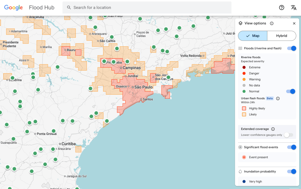 Mapa de risco de enchentes com o Google Flood Hub