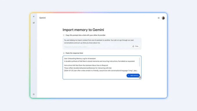 Interface de importação de memórias do Google Gemini