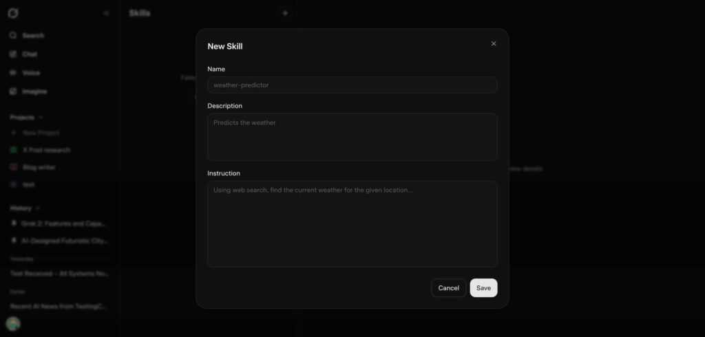 xAI avança em Skills no Grok para competir com ChatGPT e Claude 2 Interface de Skills do Grok revelada em 2026 com opções de criação de habilidades personalizadas