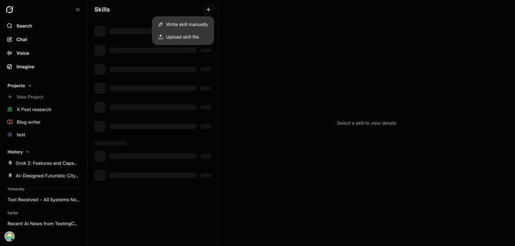 Imagem da interface web do Grok com suporte às Skills sendo testado