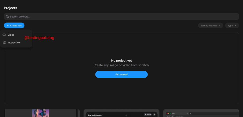 Tela inicial da versão web do Meta Vibes com painel de projetos