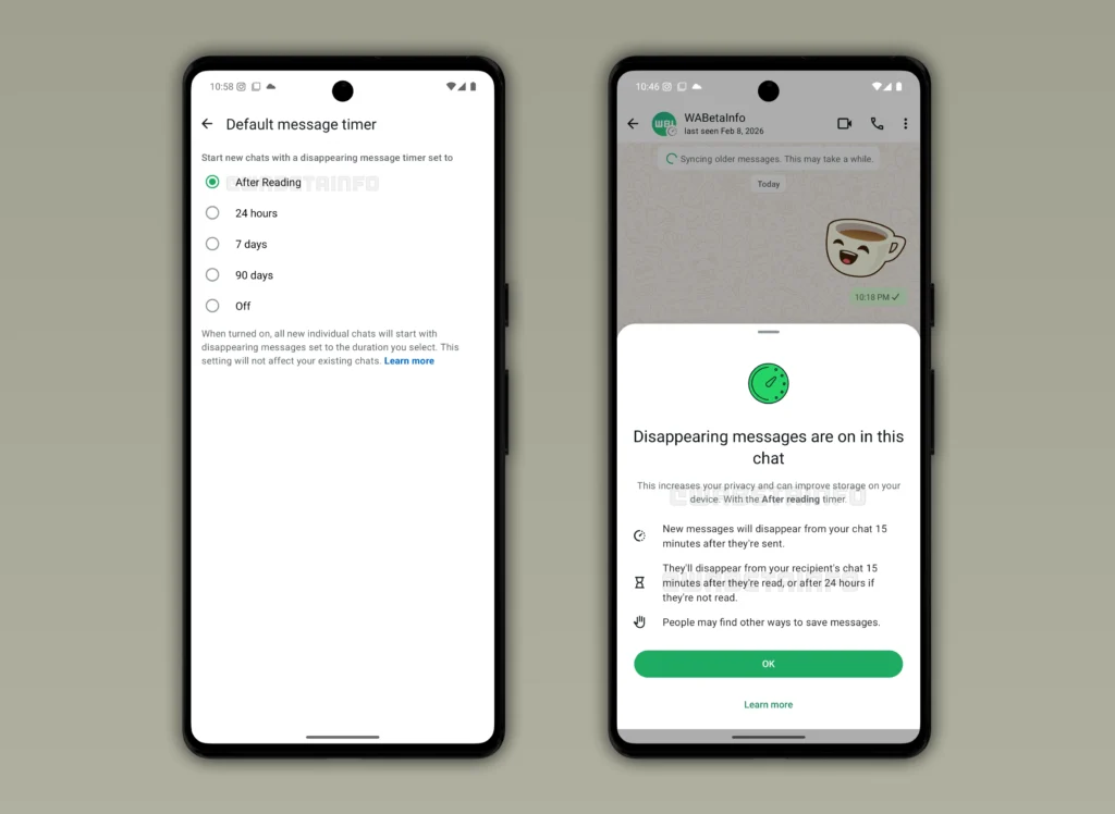 A imagem mostra o novo recurso que faz mensagens desaparecerem após serem lidas no WhatsApp beta para Android