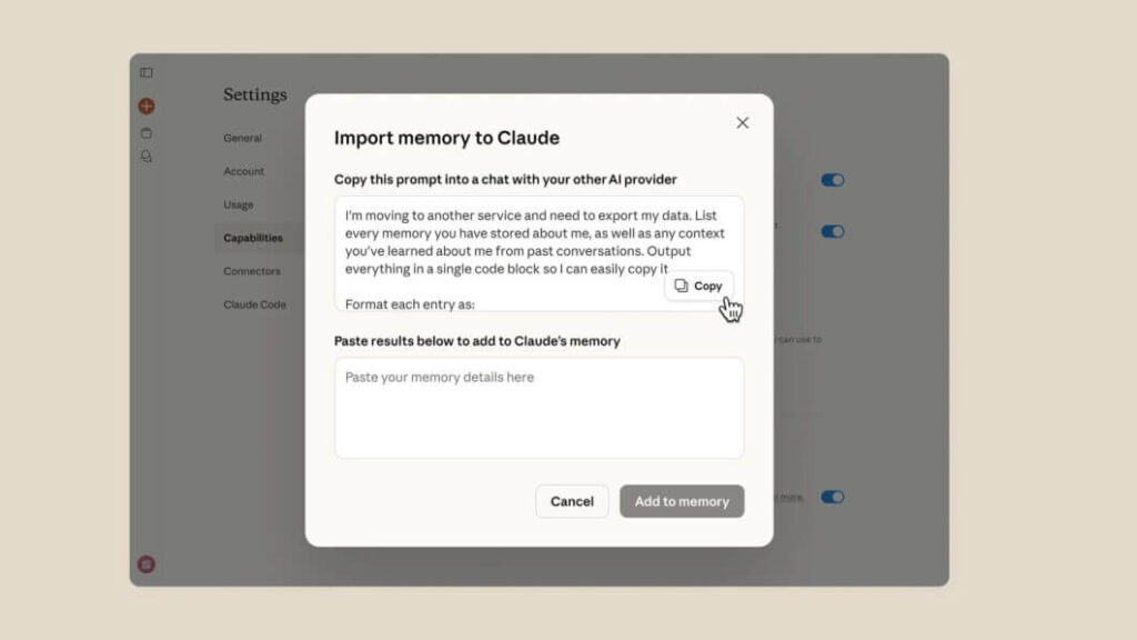 Claude libera importação de memórias do ChatGPT em meio à disputa nos EUA 3 Interface do Claude mostrando importação de memórias de IA concorrentes