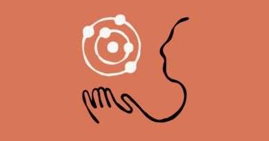 Ilustração de IA humana com diagrama flutuante representando interação entre humano e tecnologia.