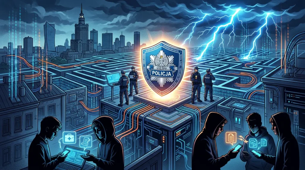 Ilustração sobre ataques DDoS e cibercrimes envolvendo adolescentes na Polônia