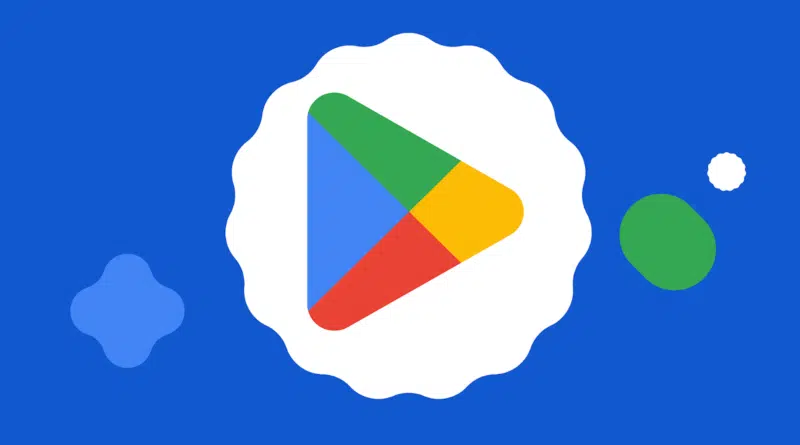 Imagem ilustrativa da Google Play Store com smartphone e cores da marca