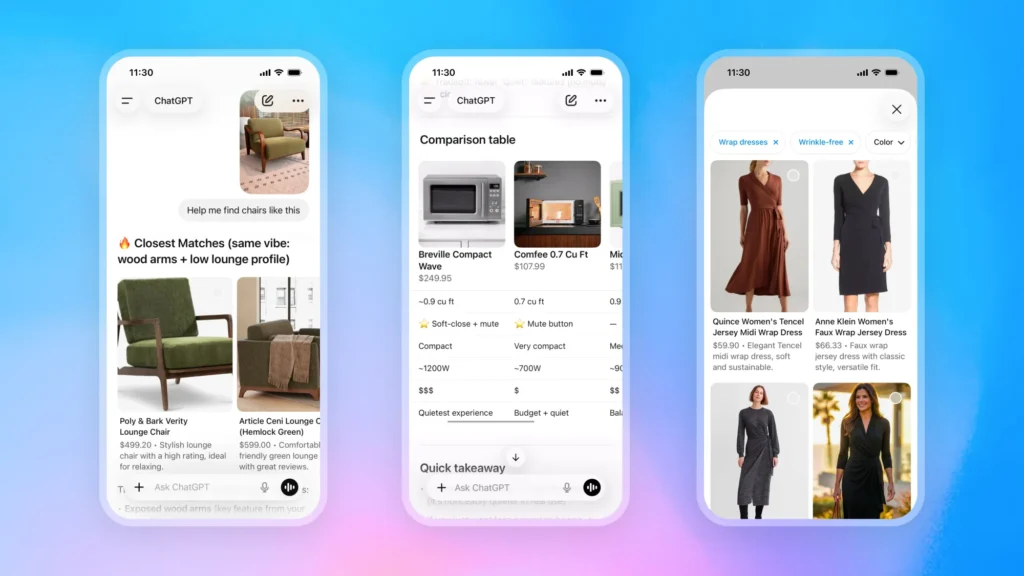 OpenAI lança descoberta visual de produtos no ChatGPT 1 Interface visual do ChatGPT mostrando cartões de produtos de grandes varejistas com IA