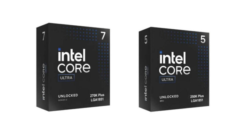 Imagem das caixas dos processadores Intel Core Ultra 200S Plus, novos modelos Arrow Lake Refresh