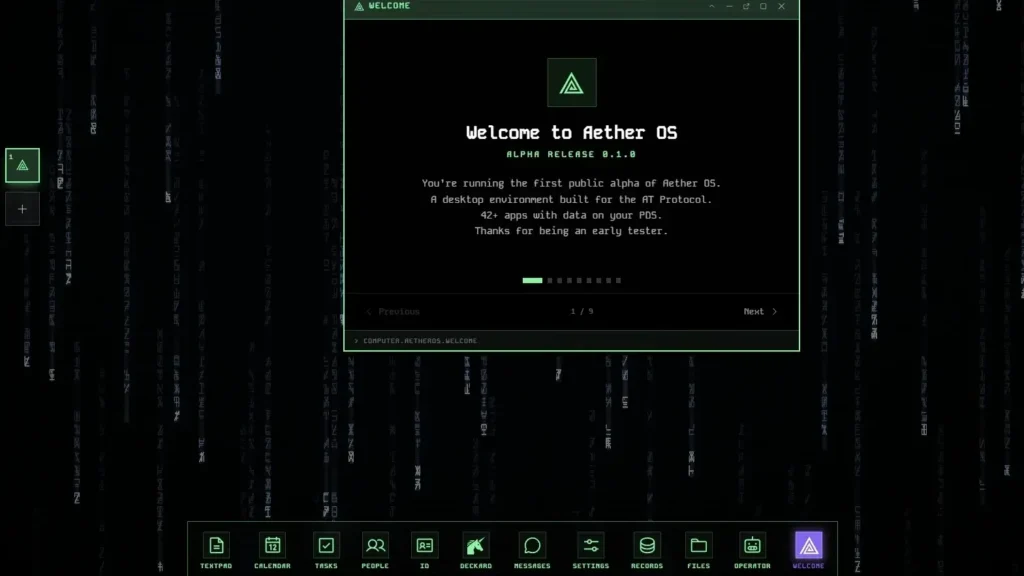 Interface do Aether OS rodando em um navegador com design cyberpunk