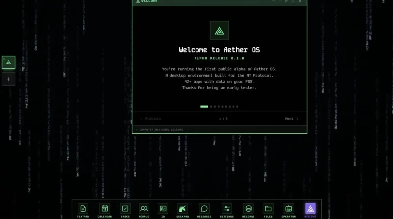 Interface do Aether OS rodando em um navegador com design cyberpunk