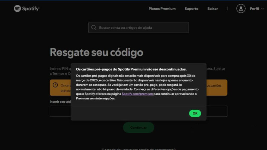Aviso de descontinuação dos cartões pré-pagos na página do Spotify