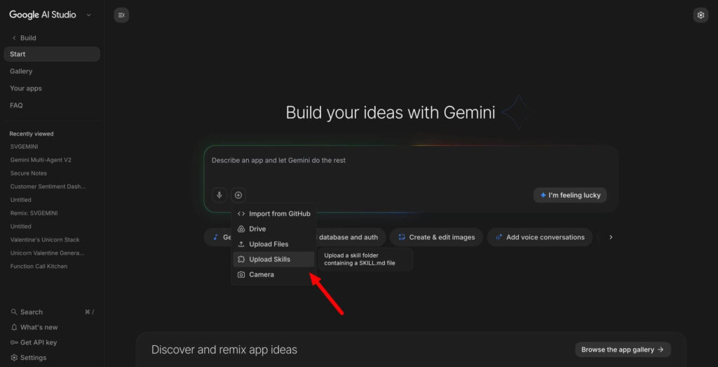 Interface do Google AI Studio apresentando seção Build com Skills e Agentes