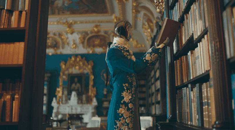Robô vitoriano elegante segurando um livro em uma biblioteca doméstica, representando IA e memória artificial