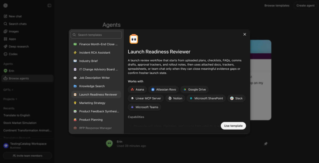 OpenAI lança Workspace Agents 24/7 no ChatGPT 5 Interface do ChatGPT workspace agents conectando Google Drive e Slack