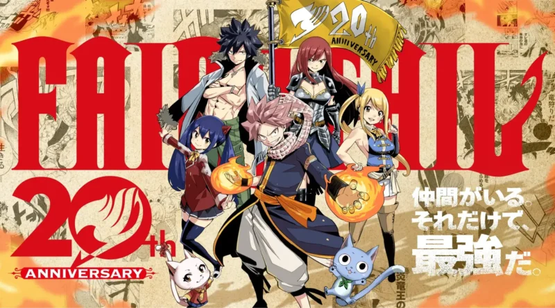 Arte promocional do mangá Fairy Tail 20º aniversário com Natsu, Lucy e Erza celebrando o retorno da série