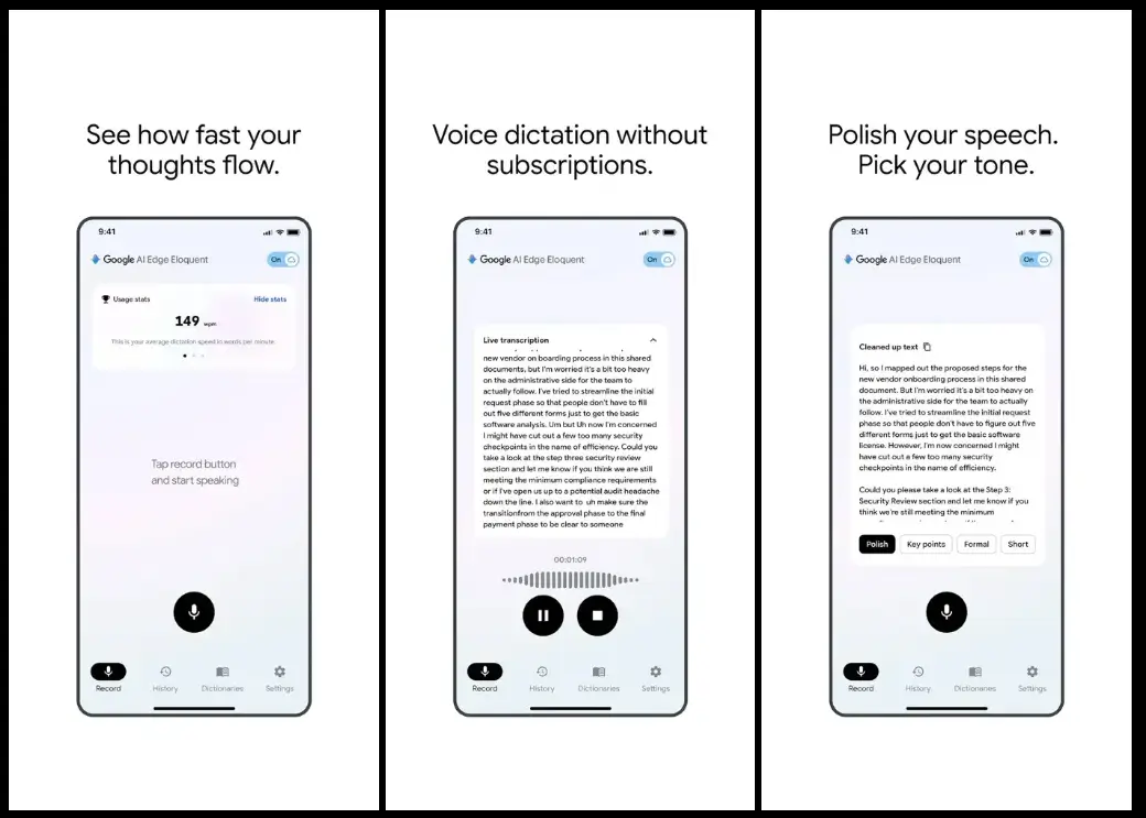 Google lança aplicativo de ditado com IA que funciona offline 5 Imagem do Google AI Edge Eloquent exibindo transcrição ao vivo