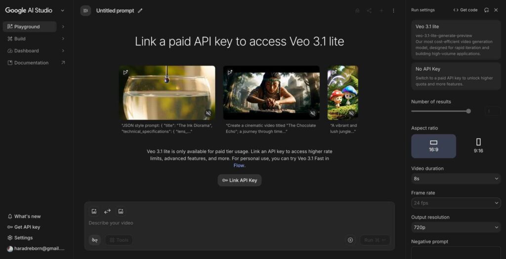 Google lança Veo 3.1 Lite pela metade do preço da versão Fast 1 Interface do Google AI Studio com o novo modelo Veo 3.1 Lite em exibição