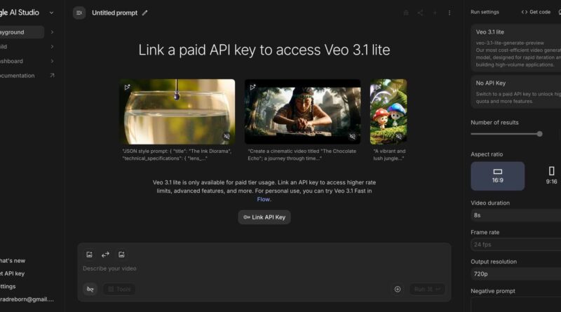 Interface do Google AI Studio com o novo modelo Veo 3.1 Lite em exibição