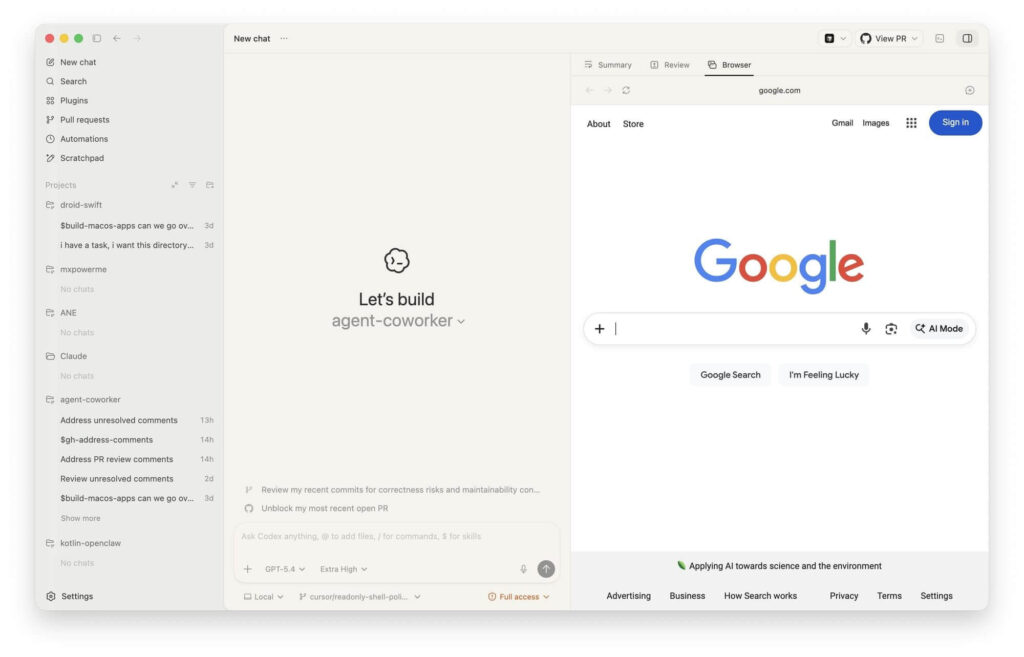 OpenAI testa navegação web e prepara Codex Superapp 3 Interface Codex Superapp com novo painel de visualização e navegação web