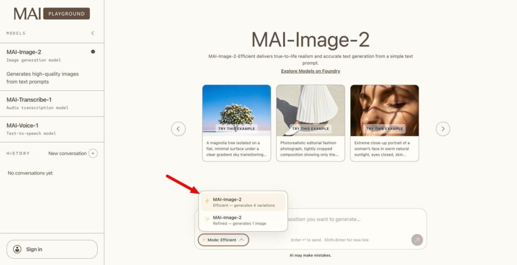 Interface do Microsoft MAI‑Image‑2‑Efficient no Playground, destacando geração de imagens em tempo real