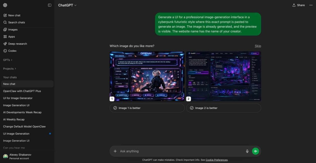 Imagem de amostra do ChatGPT exibindo o novo modelo OpenAI Image V2 com interface gerada realisticamente.