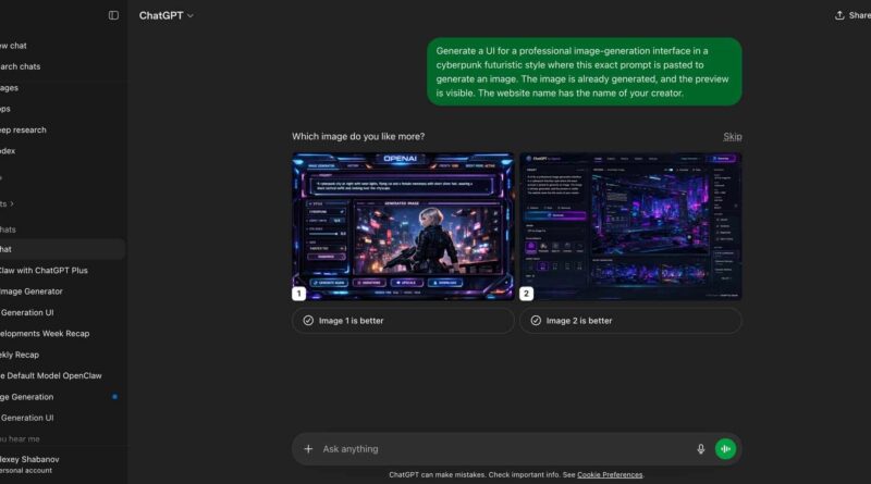 Imagem de amostra do ChatGPT exibindo o novo modelo OpenAI Image V2 com interface gerada realisticamente.
