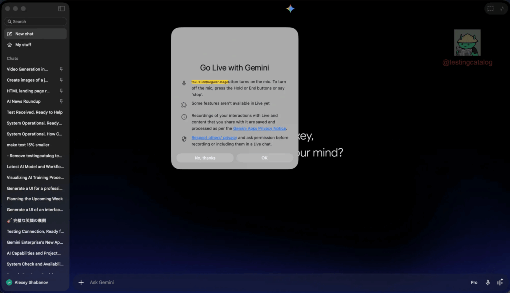 Gemini Live Mode: Interface do Gemini desktop para macOS com novo modo Live e opções de compartilhamento de tela.